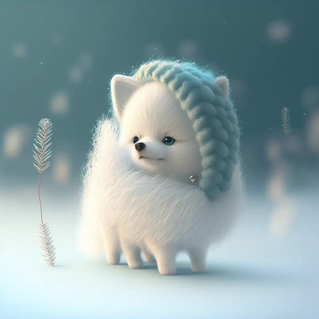snowing winter, super cute baby pixar style white fairy wolf, shiny snow-white fluffy, big bright eyes, wearing a woolly cyan hat, delicate and fine, high detailed, bright color, natural light, simple background, octane render, ultra wide angle, 8K